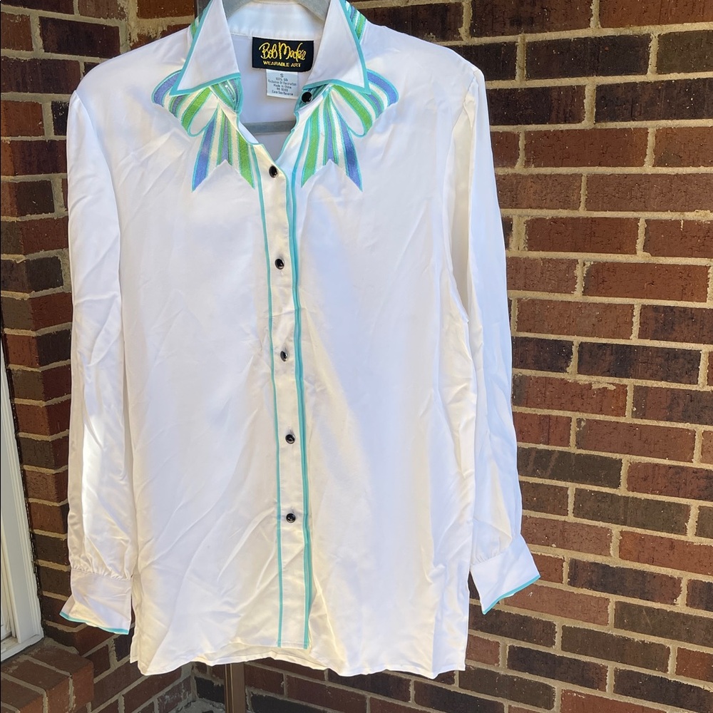 Bob Mackie White Shirt with Green and Blue Trim
